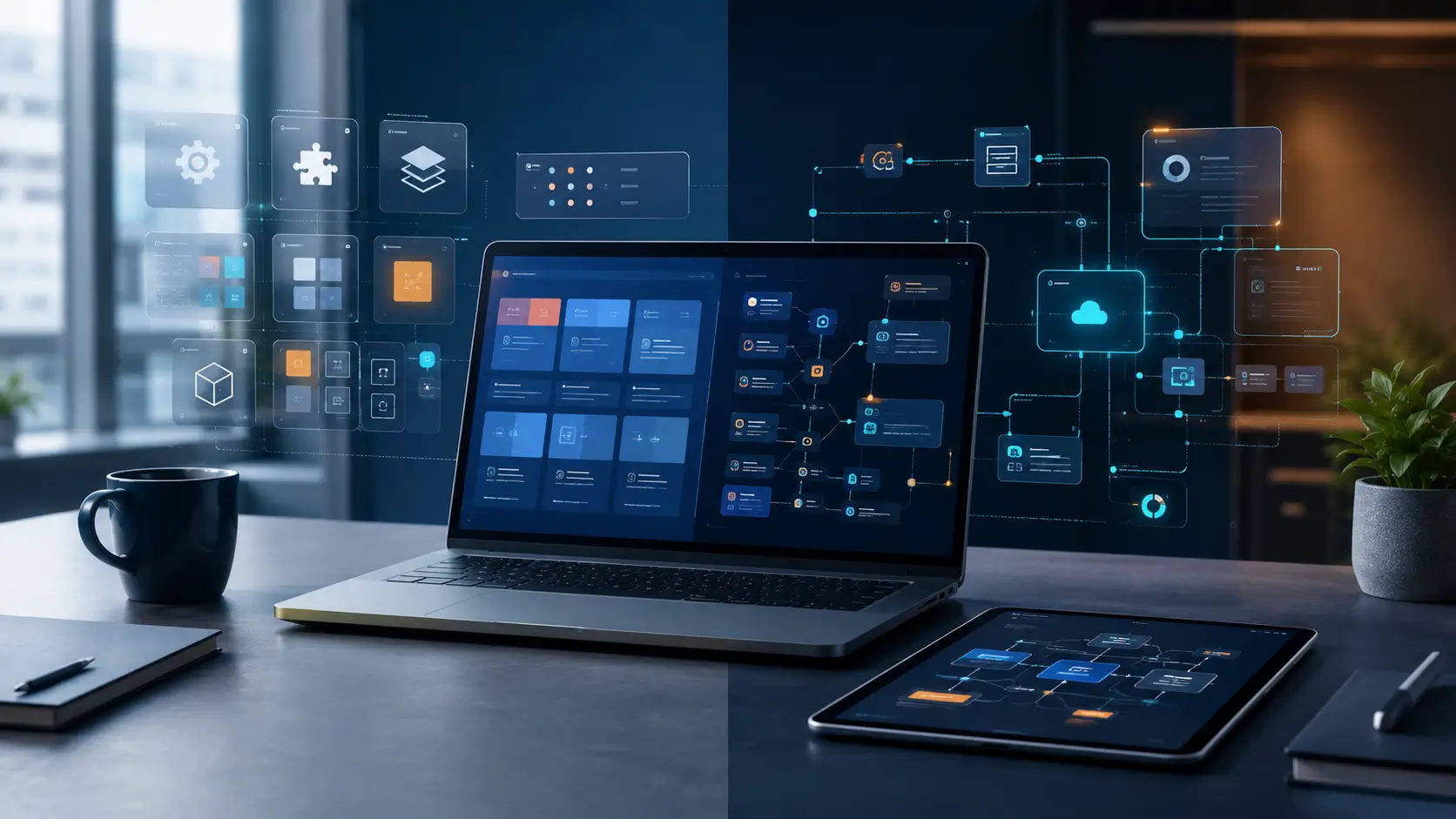 Modern business workspace showing custom software planning and ready-made software comparison